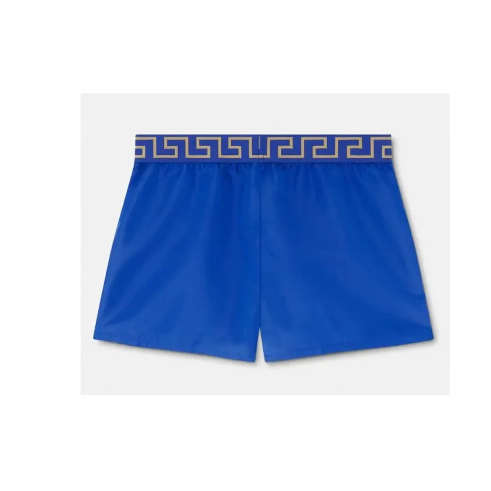 NWT Versace Greca Border Swim Shorts IT 8 US 2XL Blue Medusa Logo Elastic Waist